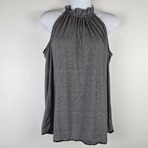 Pleione M Black White Striped Ruffle High Neck Tie Keyhole Back Tank Top. Size M
